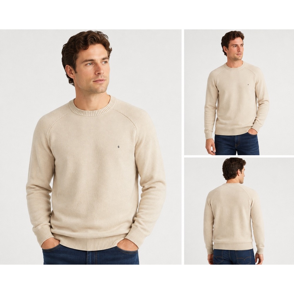 Sun + Stone Mens Crewneck Sweater Small Neutral Beige Cotton Knit NWT $70